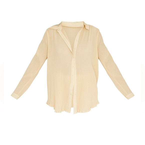 Cream Plisse Set Button Front Oversized Shirt & High Waisted Wide Leg Pants - Picture 3 of 7